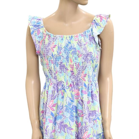 Lilly Pulitzer Floral Print Smocked Mini Short Dress Cotton Ruffle XL New 279932 - Picture 2 of 5